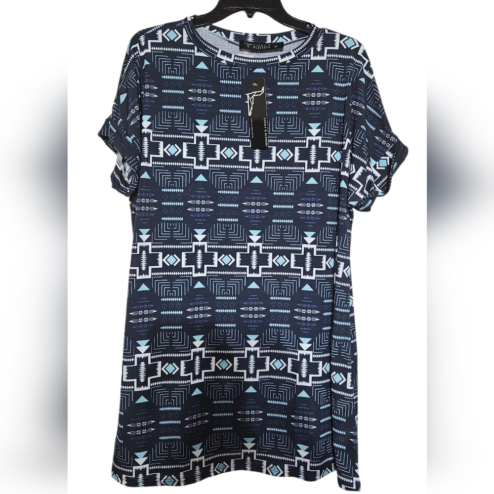 L&B - Geometric Patterned Black & Light Blue Women's Dress